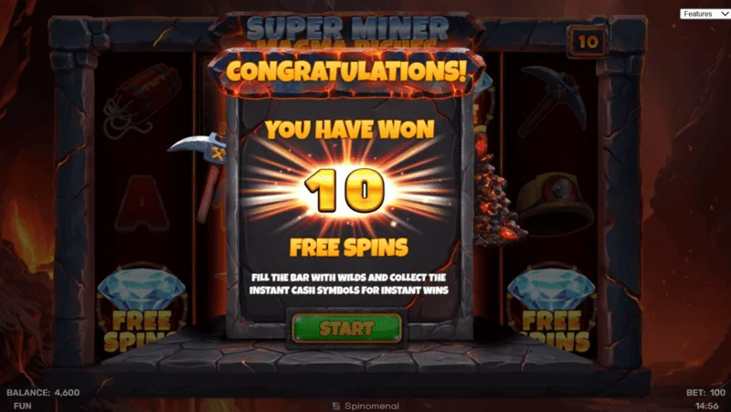 Super Miner - Magma Riches - 10 free spins screen