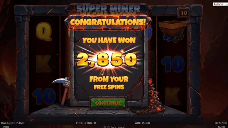 Super Miner - Magma Riches - total win from the free spins